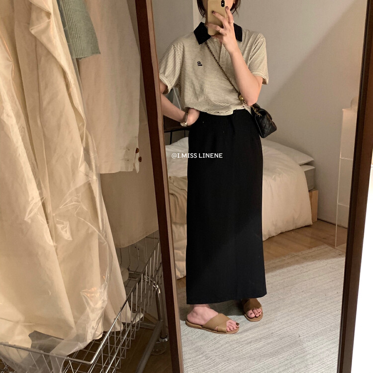 [Imiss] Korean casual lazy contrast polo collar stripe embroidered short sleeve T-shirt cx10128# Fhx