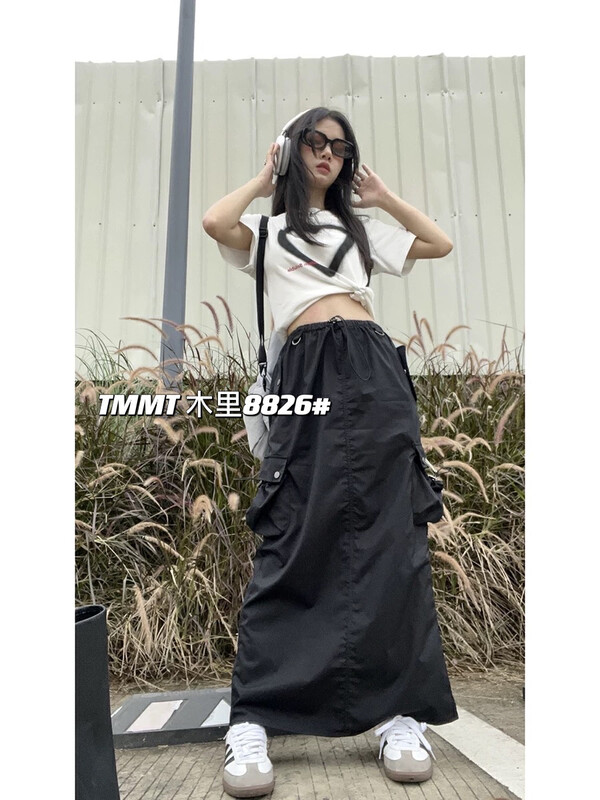 [jiajiatmmt wooden lining] large pocket work clothes, elastic waist design, long skirt 8826# L