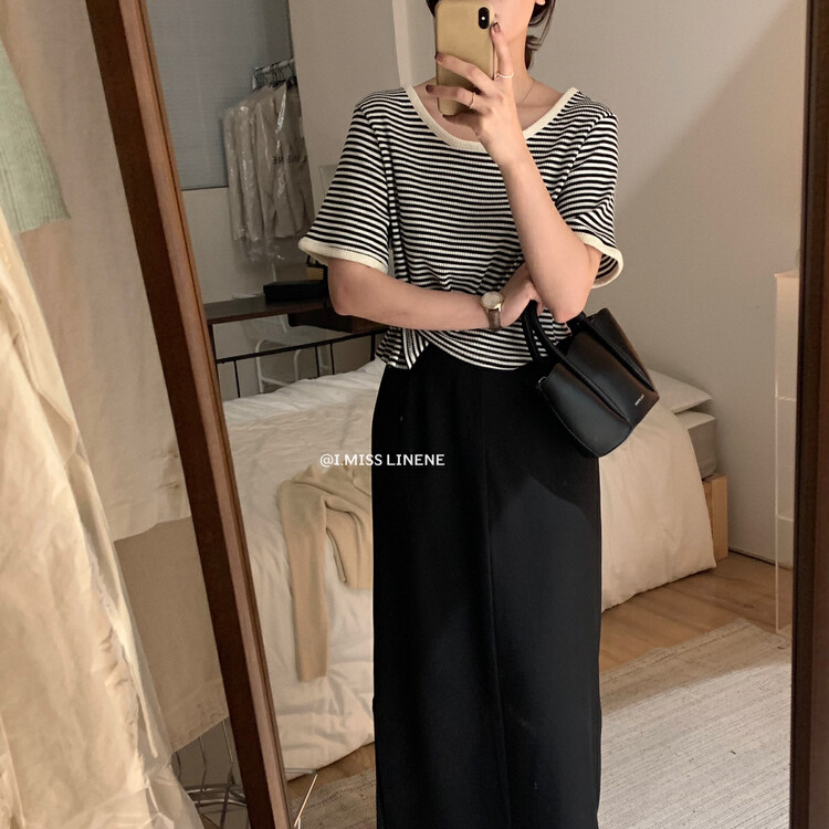[Imiss] Korean casual side button striped short sleeve T-shirt cx3383# Fhx
