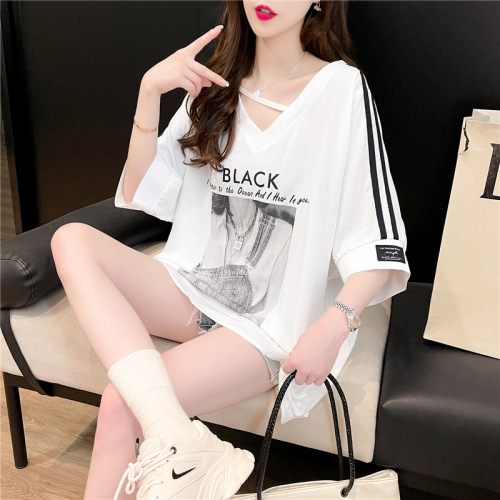 Fried street summer design feeling back wrap collar cotton V-neck Chiffon stitching medium long loose short sleeve T-shirt women