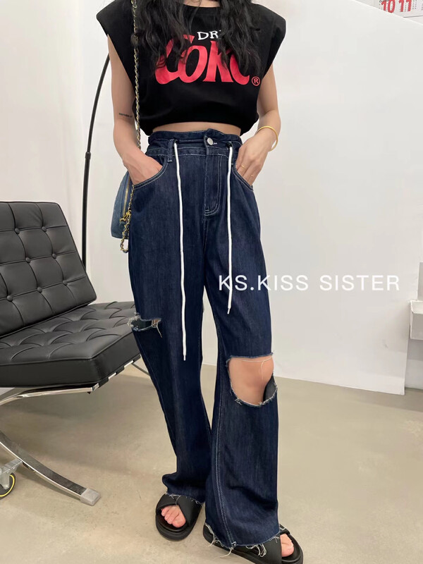 [KS] pierced wide leg fashion skinny jeans (with waist rope) ys1-20132# cqw