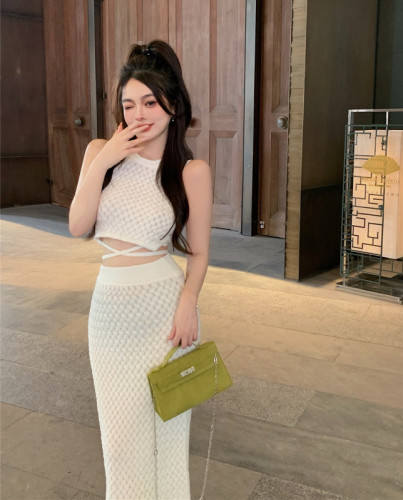 Real price sleeveless vest top long high waist skirt two piece sexy white knitted suit women