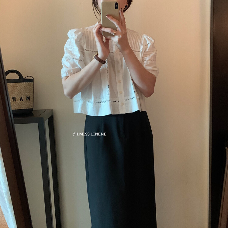 [Imiss] French elegant temperament hollow out pleated blouse (only selling blouses) cx8083# Fhx