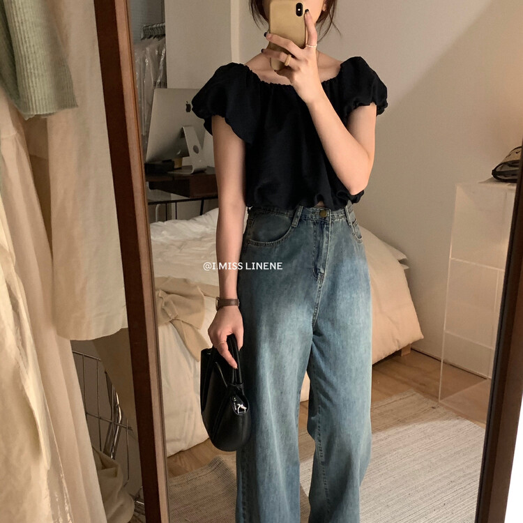 [Imiss] Korean solid color soft one line collar bubble sleeve short shirt cx7101\lsw