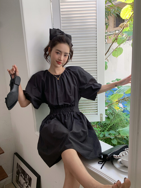 [yj.simple] bandage waist leakage bubble sleeve advanced design dress 3096# ozq