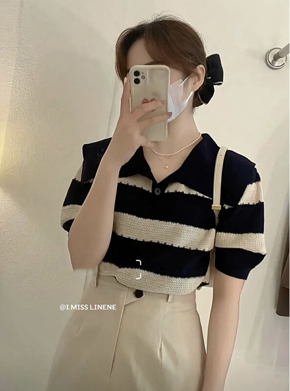 [Imiss] Korean loose Lapel striped sweater (only selling knitwear) cx0230# Fhx