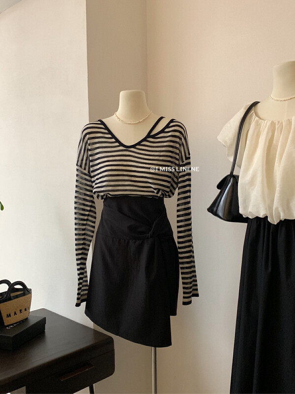 [Imiss] Korean loose stripe U-neck T-shirt cx0220# LSW