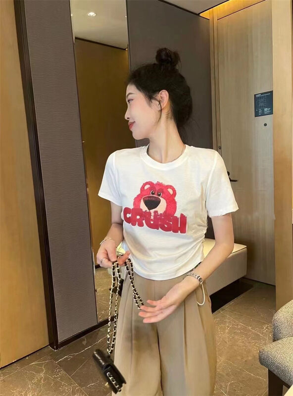 [Yang Yang] cute strawberry bear drawstring design Short Sleeve T-shirt c6386# CLS