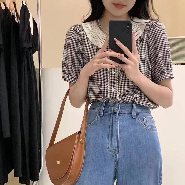 Original price 48.50! [I-D] Korean lace plaid shirt 6151# L