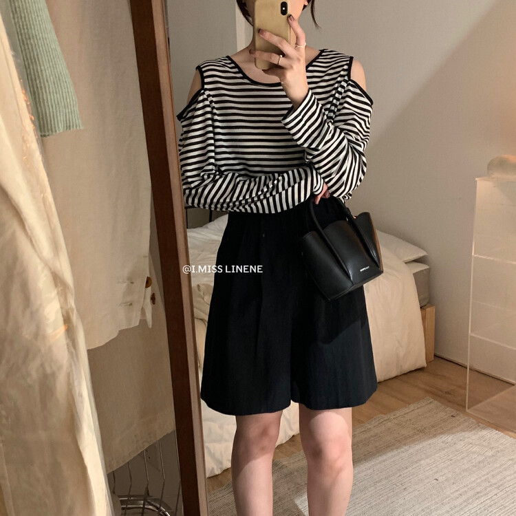 Original price 32.71! [Imiss] Korean casual off shoulder striped long sleeve T-shirt cx3376# Fhx