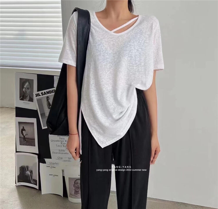 [Yang Yang] niche design V-neck hollow out stripe short sleeve T-shirt c6271# CLS