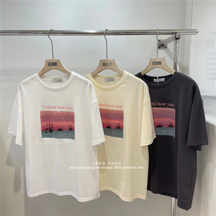 [Yang Yang] Japanese simple Hawaiian Print versatile short sleeve T-shirt c6391# CLS