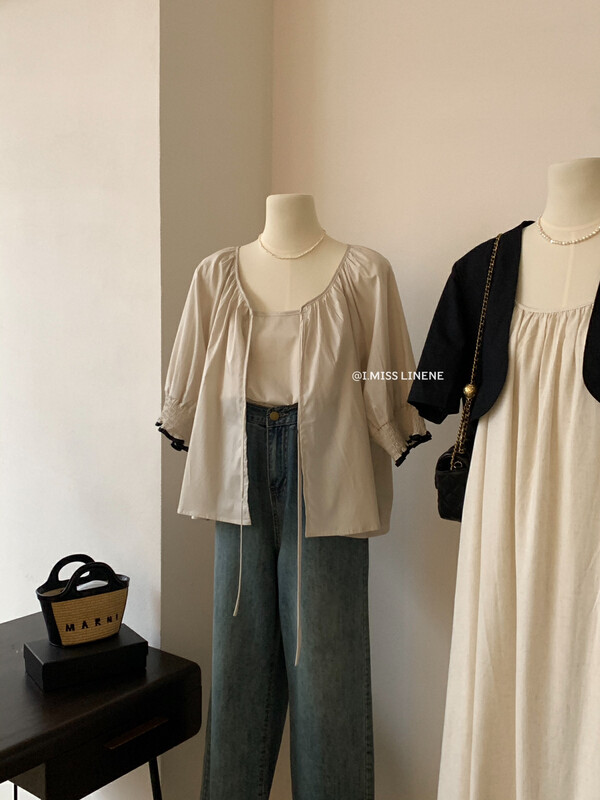 [Imiss] Korean version simple small sling + short sleeve color contrast sunscreen shirt set cx6351# Fhx