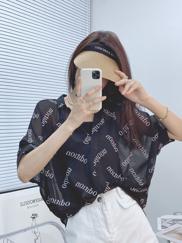 Original price 47.37! [I-D] all over lettered loose shirt + solid color suspender vest two-piece suit ys8258# L