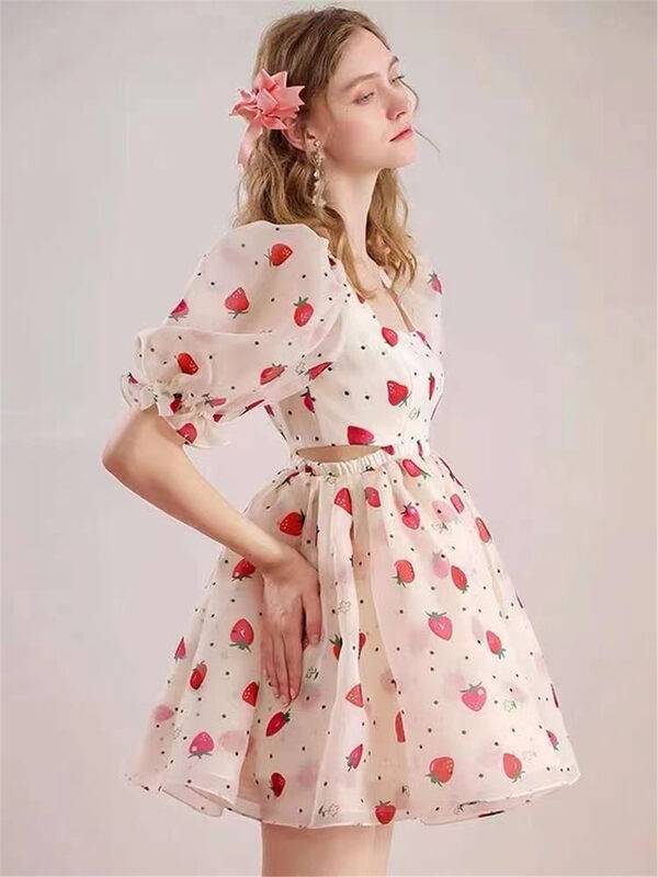 [little woman] bubble sleeve strawberry sweet first love dress 22256# PCZ
