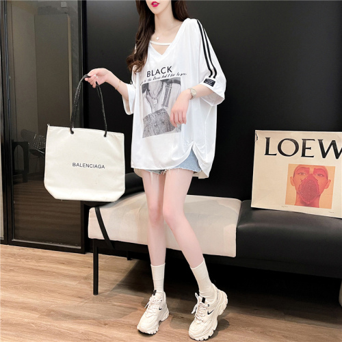 Fried street summer design feeling back wrap collar cotton V-neck Chiffon stitching medium long loose short sleeve T-shirt women