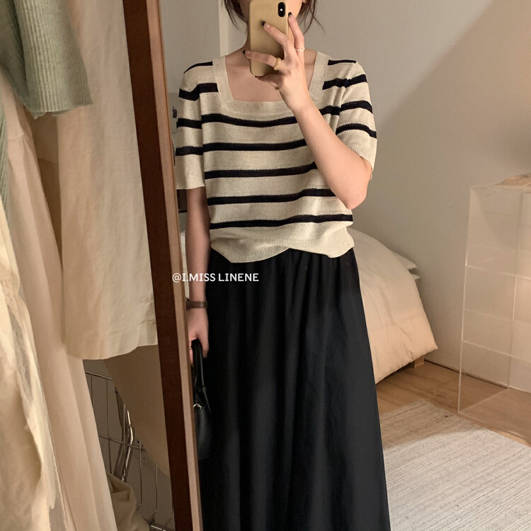 [Imiss] striped Korean style square neck T-shirt cx0221# LSW
