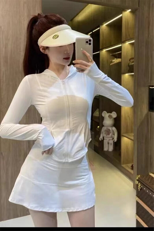 [little woman] simple solid color hooded sunscreen shirt + slim skirt two-piece suit 22283# PCZ