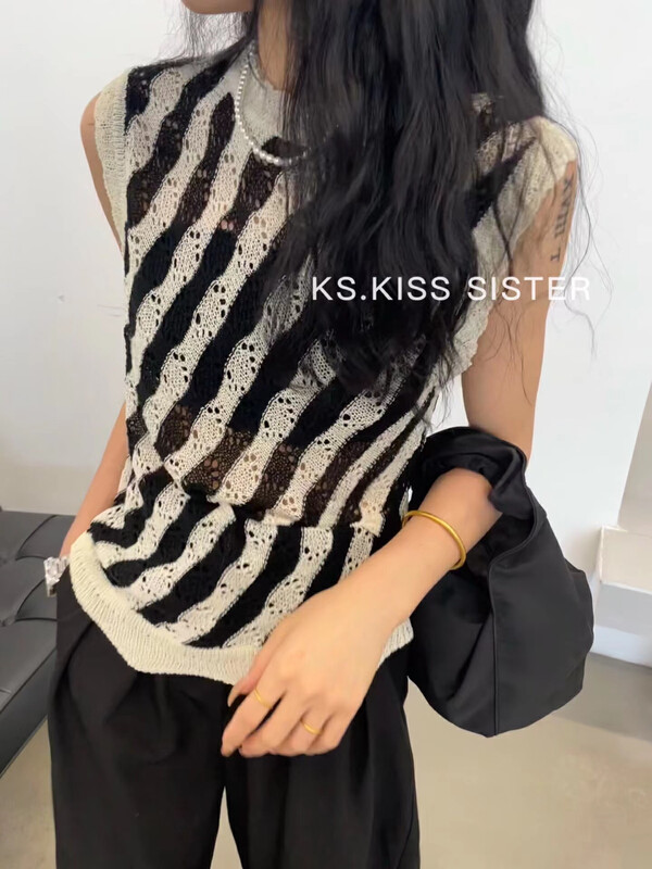 [KS] fashionable foreign style striped hollow out knitted vest / suspender m21001# cqw