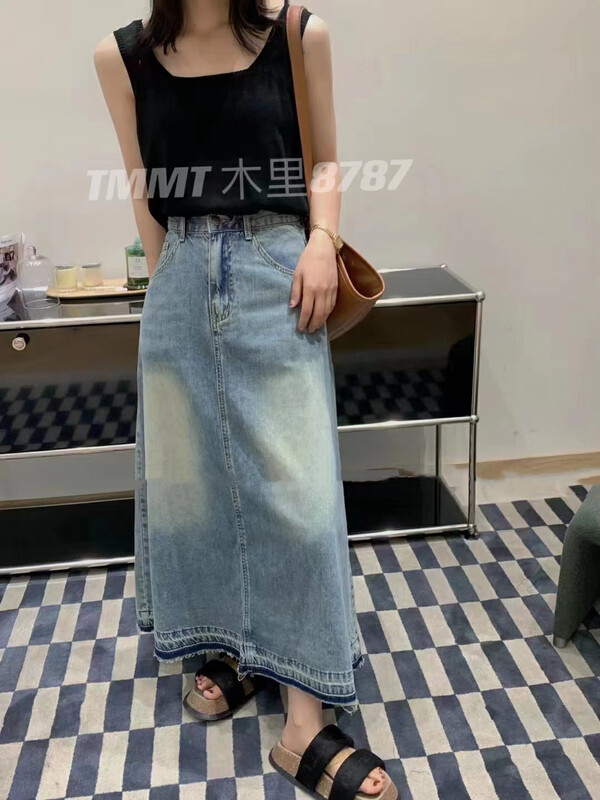 [jiajiatmmt Muli] Vintage denim skirt with raw edge A-line skirt 8787# L