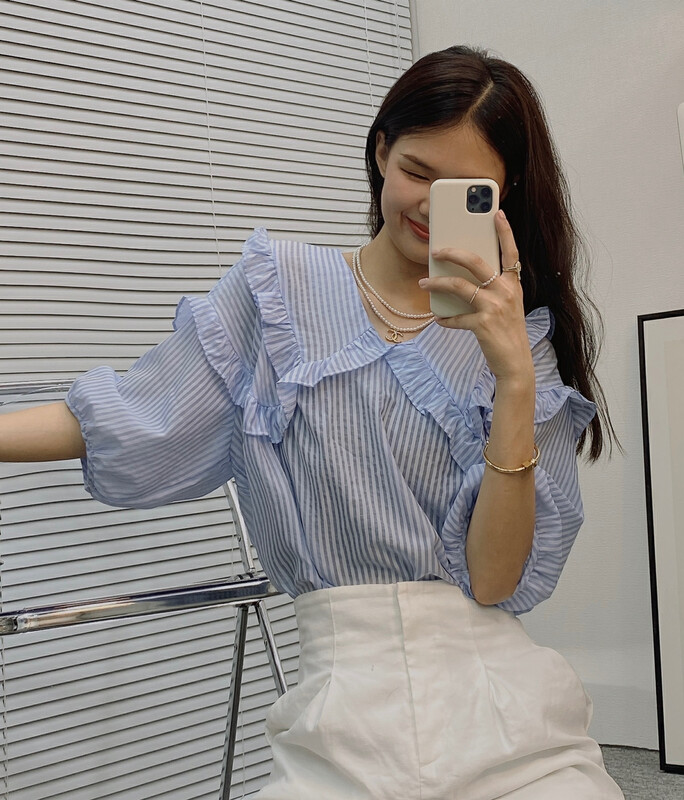 [I-D] Korean double neck striped shirt 6079# ll