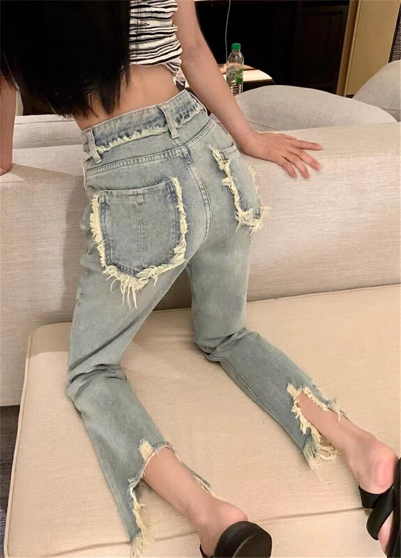 [jiajiatmmt Muli] pierced rough edge design straight cropped jeans j9152# L