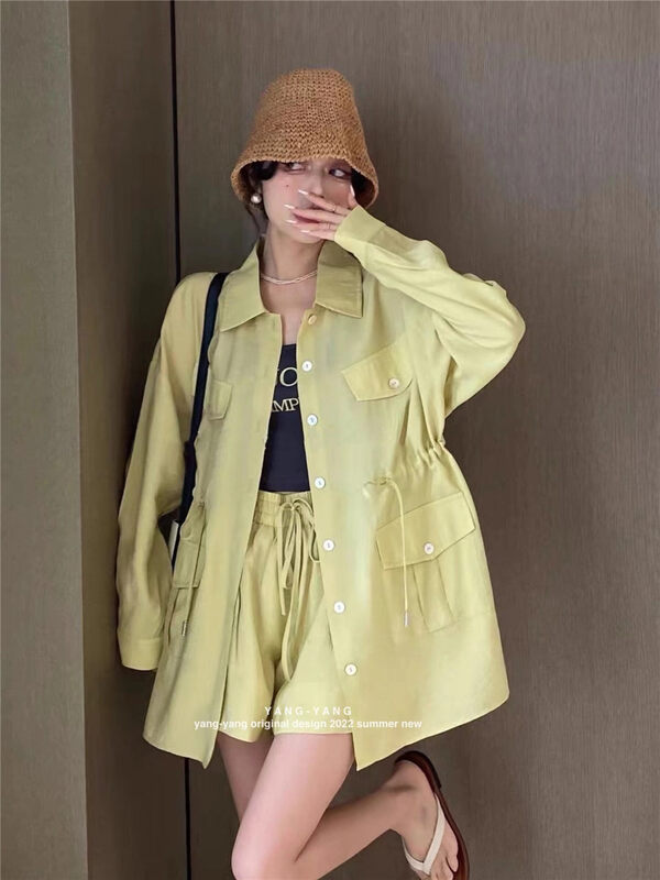 [Yang Yang] simple waist closed sunscreen shirt + letter vest inside + lace up Shorts Set c6372 \cls