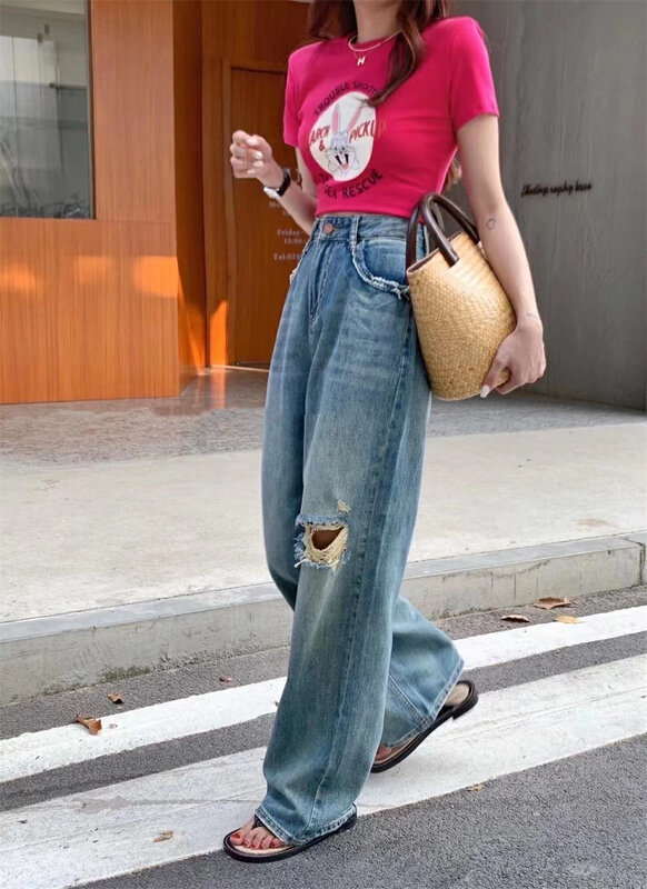 [Yang Yang] Korean fashion hole breaking loose wide leg floor dragging jeans (only jeans) y8191\cls