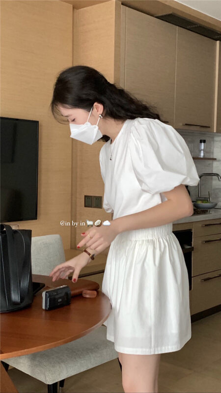 [in by in] casual round neck bubble sleeve solid color short sleeve T-shirt 0933# zjy