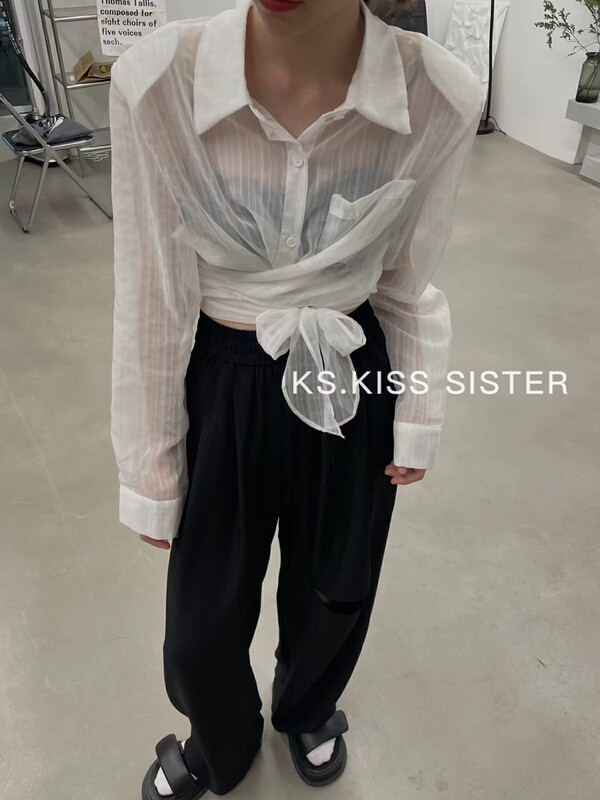 Original price 66.55! [KS] Korean fashion solid color bandage design loose long sleeve thin sunscreen shirt 22199 \cqw
