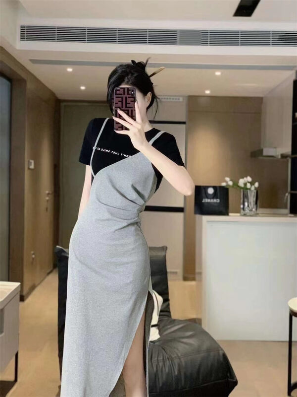 [mialiesy] Korean alphabet color matching fake two long dresses 652# PCZ