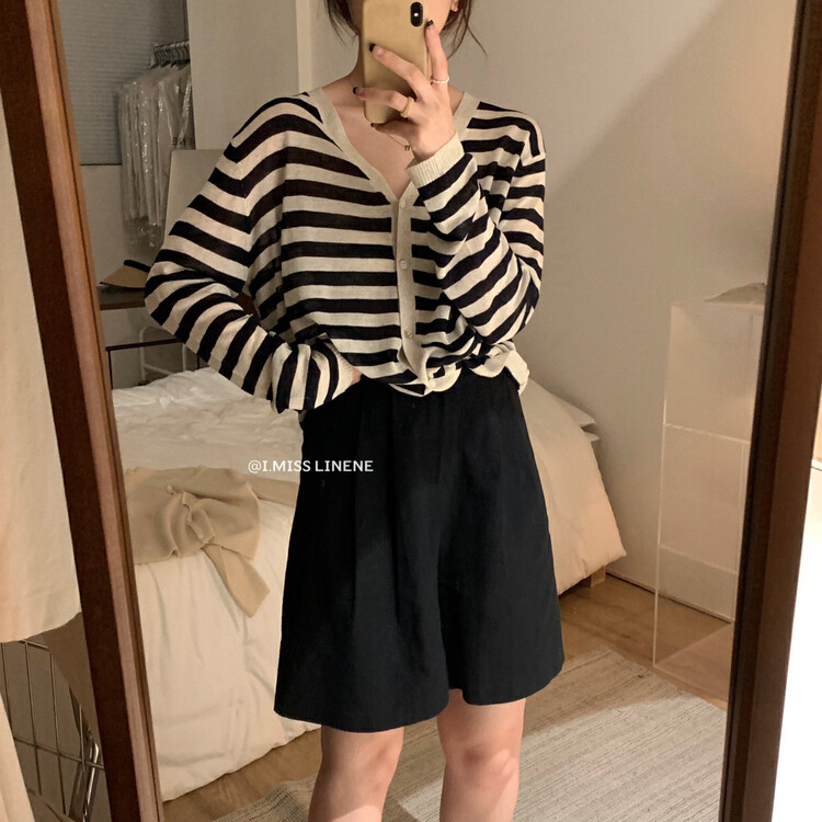 [Imiss] Korean casual loose V-neck striped knitted cardigan cx0213# LSW