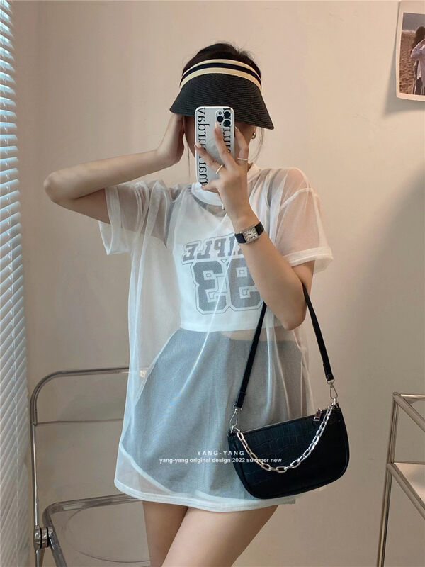 [Yang Yang] sexy letter Vest + mesh hollow out short sleeve T-shirt set c6303\cls inside