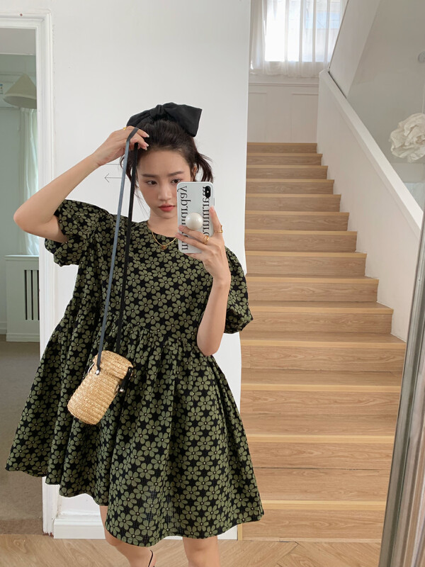 [yj.simple] fresh print round neck loose dress y004-3081# ozq