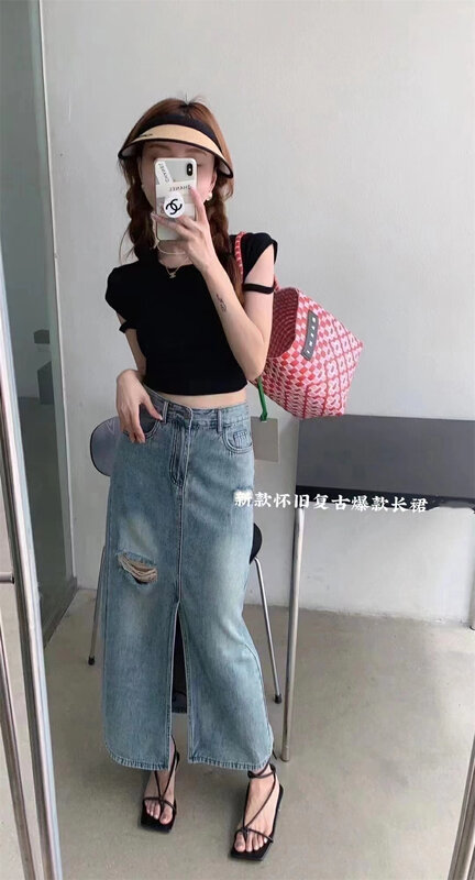 [Yang Yang] Vintage high waisted and perforated denim skirt (only selling skirt) y6690# CLS