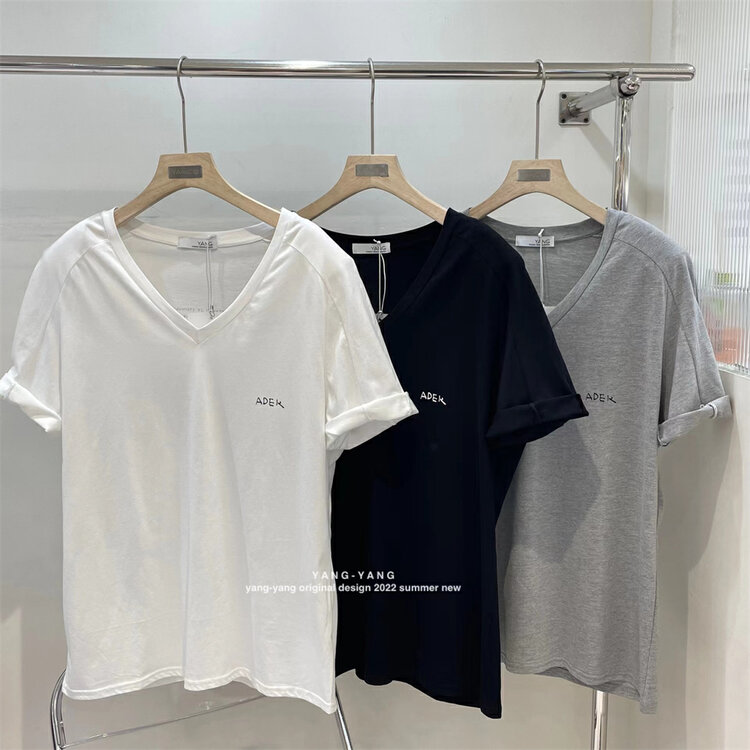 [Yang Yang] casual front and back letter printed V-neck short sleeve T-shirt c6339# CLS