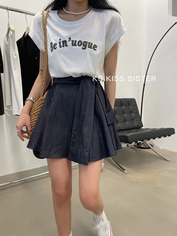 [KS] Korean loose casual slim lettered T-shirt + versatile skirt suit 22182 \cqw