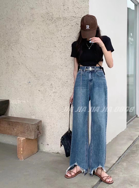 [jiajiatmmt wooden lining] slim and drooping, irregular hem, rough edged jeans 8808# L
