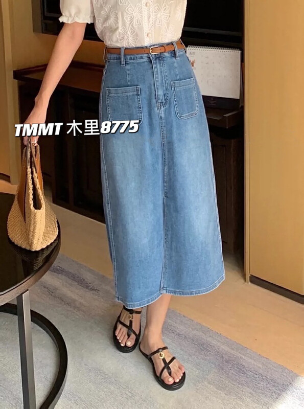 [jiajiatmmt Muli] stretch denim women's Korean split mid length skirt (without belt) 8775# L