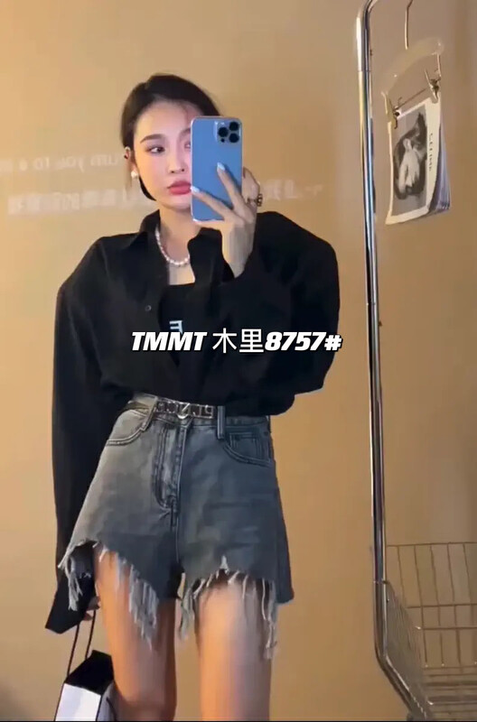 【JIAJIATMMT木里】寬鬆毛邊破洞闊腿牛仔短褲  J8757#  L