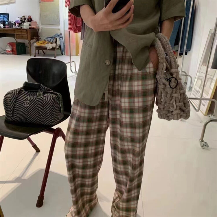 [JY] literary style retro Plaid lace up casual pants 6699# CLS