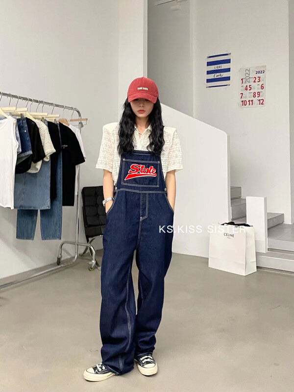 [KS] color blocking English alphabet sticker denim suspenders 22888# ozq