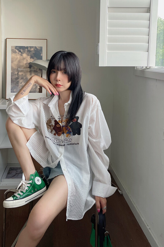 [yj.simple] Korean cartoon bear loose medium length shirt y003-3012# ozq