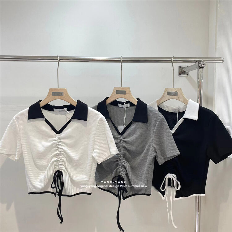 [Yang Yang] contrast drawstring design versatile short sleeve T-shirt c6385\cls
