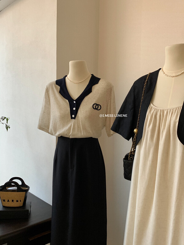 [Imiss] Korean color contrast embroidered polo collar shirt cx0229# Fhx