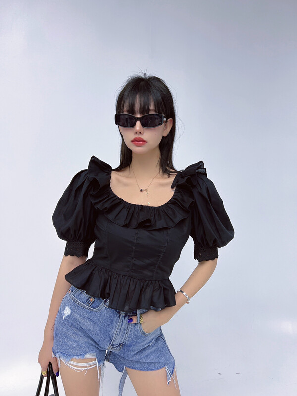[d.two D2] bubble sleeve Lace Waist shirt 2221315 \zxl
