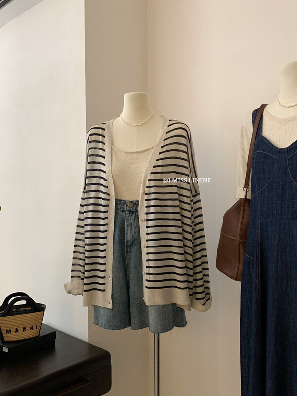 [Imiss] Vintage loose V-neck striped knitted cardigan (only for knitted cardigan) cx0215# Fhx