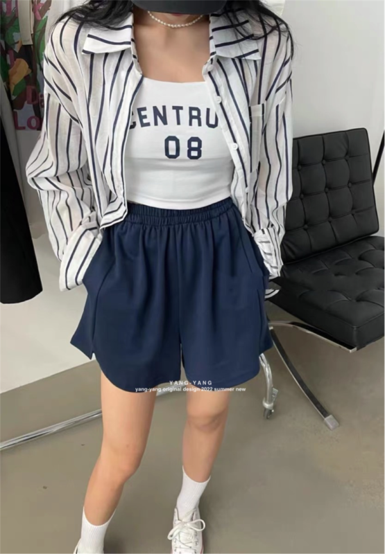 [Yang Yang] Korean striped shirt + lettered Vest + loose wide leg Shorts Set c5030 \cls