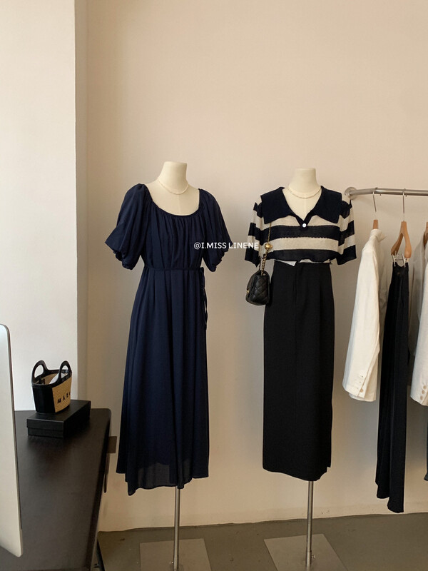 [Imiss] Korean version gentle square neck tie dress (with waist rope) cx9136# Fhx