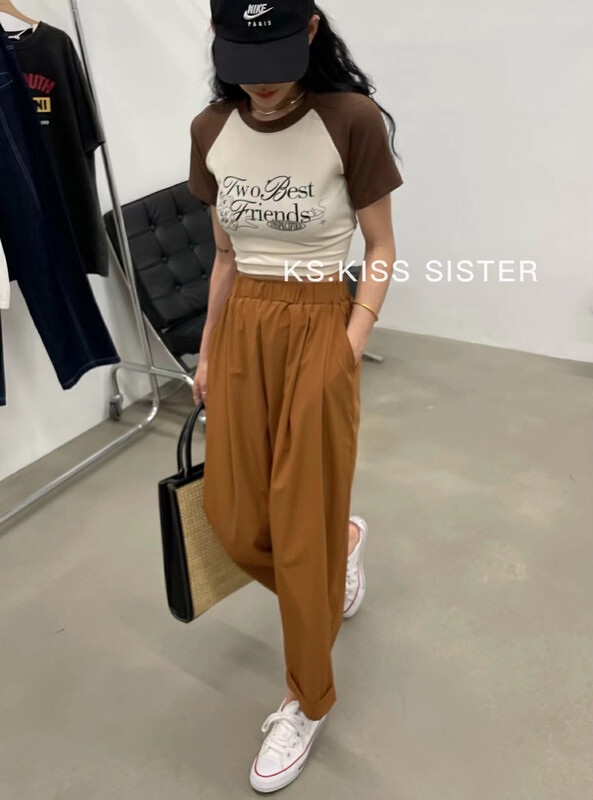 [KS] American retro color blocking slim fit spice girl short sleeve T-shirt 20220# cqw
